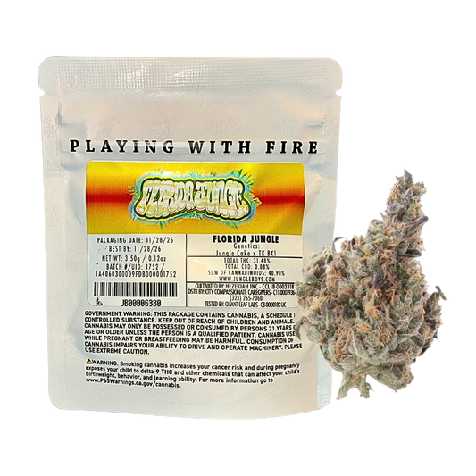 Florida Jungle strain packaging and cannabis flower on a transparent background.