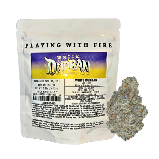 White Durban cannabis strain packaging and flower on a transparent background.