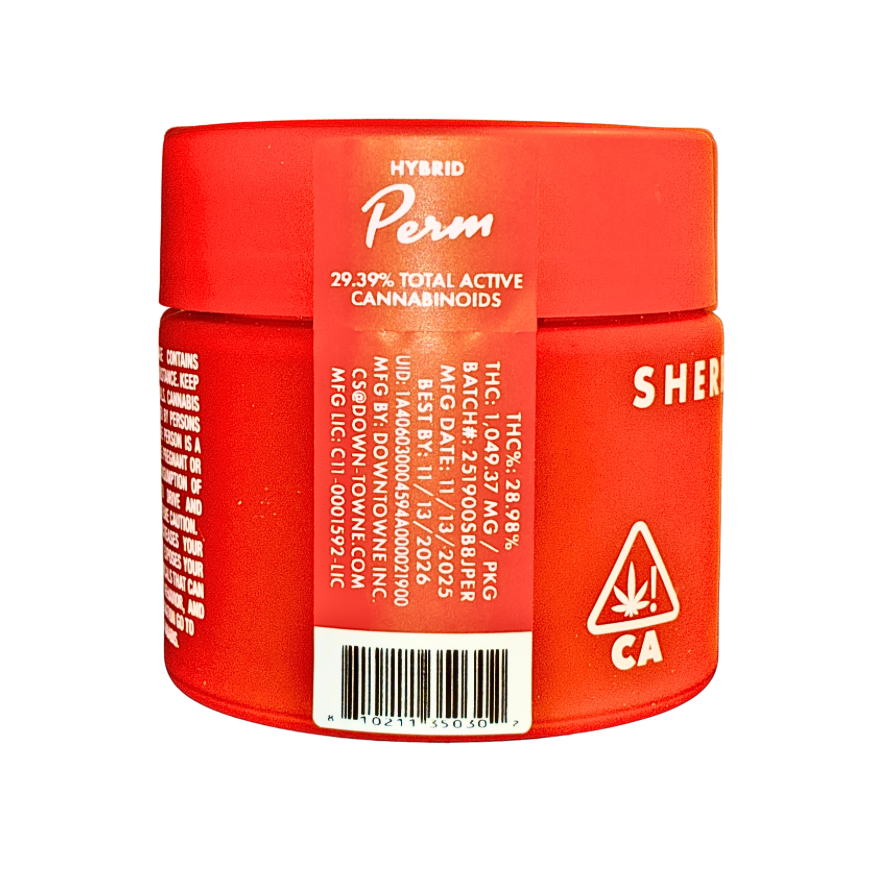 Perm cannabis strain packaging on a transparent background.
