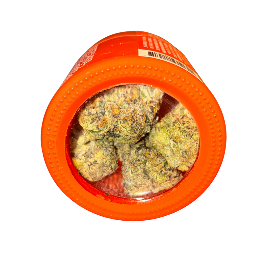 Perm cannabis strain packaging and flower on a transparent background.