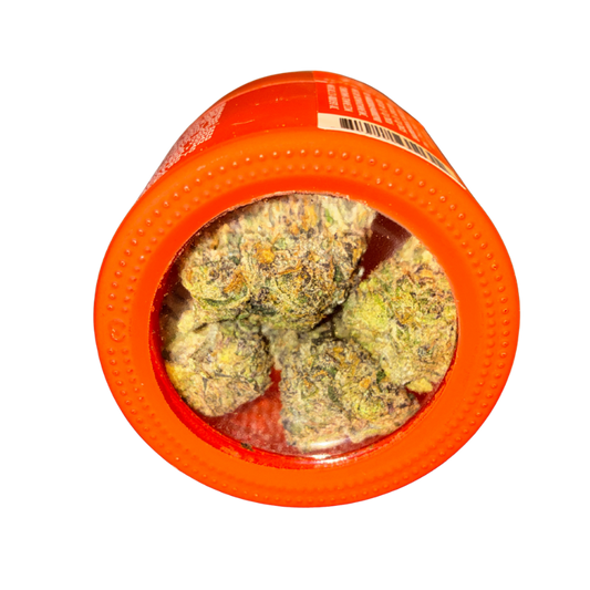 Perm cannabis strain packaging and flower on a transparent background.