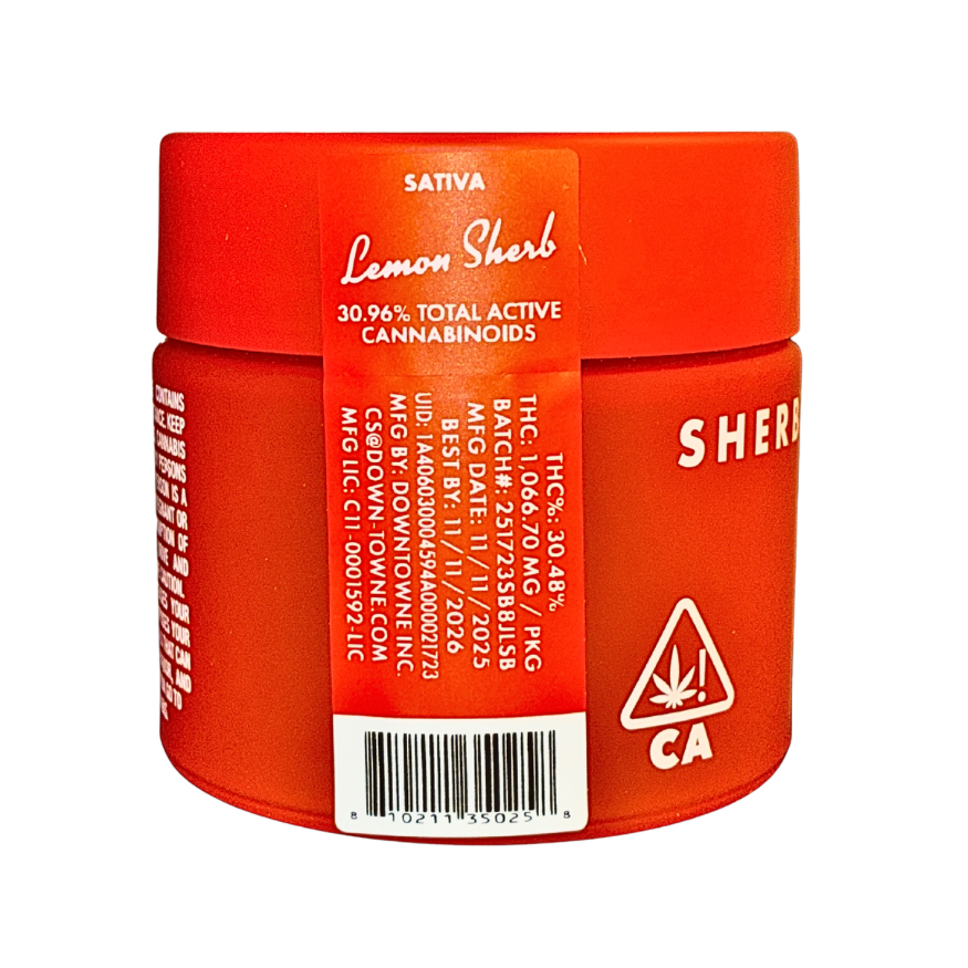 Lemon Sherb cannabis strain packaging on a transparent background.