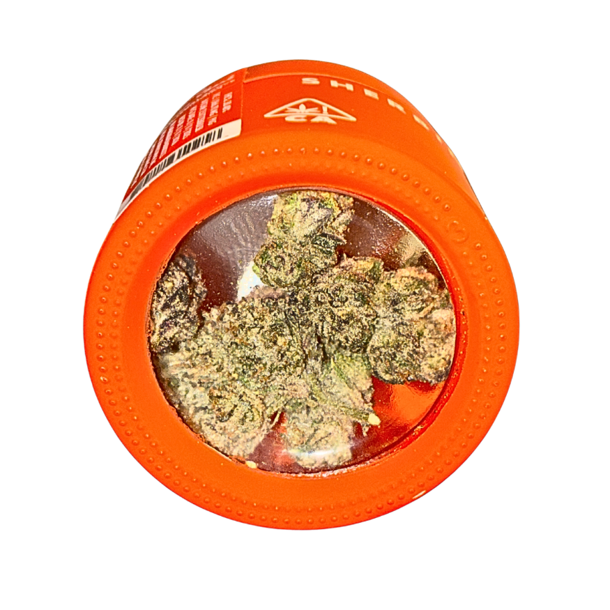 Lemon Sherb cannabis strain packaging and flower on a transparent background.