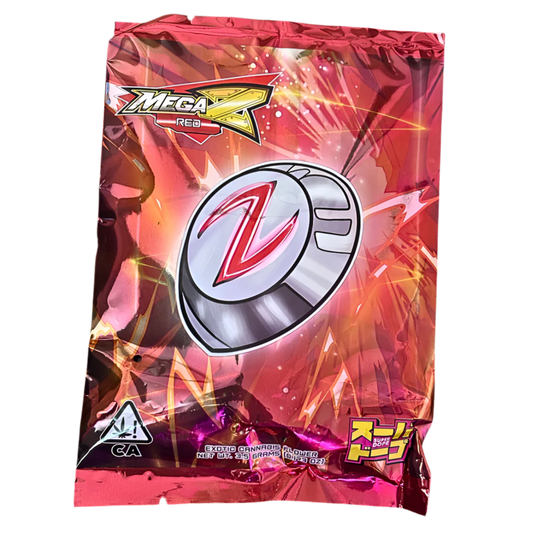 Mega Z Red cannabis strain packaging on a transparent background.