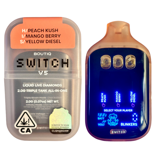BOUTIQ SWITCH V5 (3 in 1)
PEACH KUSH” (H) x “MANGO BERRY” (I) x “YELLOW DIESEL” (S)