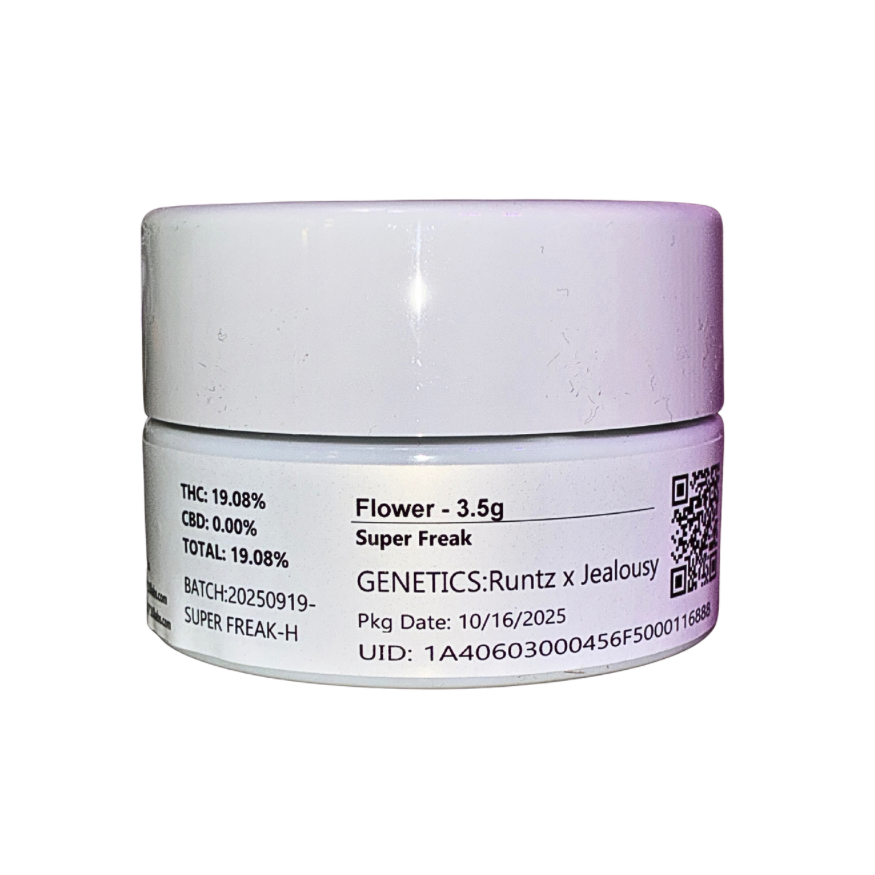 710 Labs Super Freak hybrid strain packaging on a transparent background featuring premium vacuum-sealed jar design