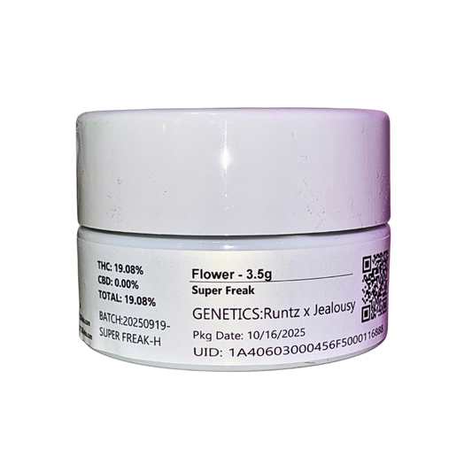 710 Labs Super Freak hybrid strain packaging on a transparent background featuring premium vacuum-sealed jar design