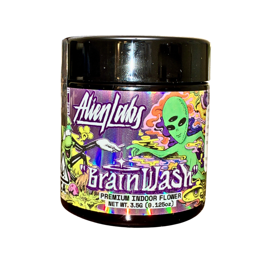 Alien Labs Brainwash strain packaging on a transparent background.