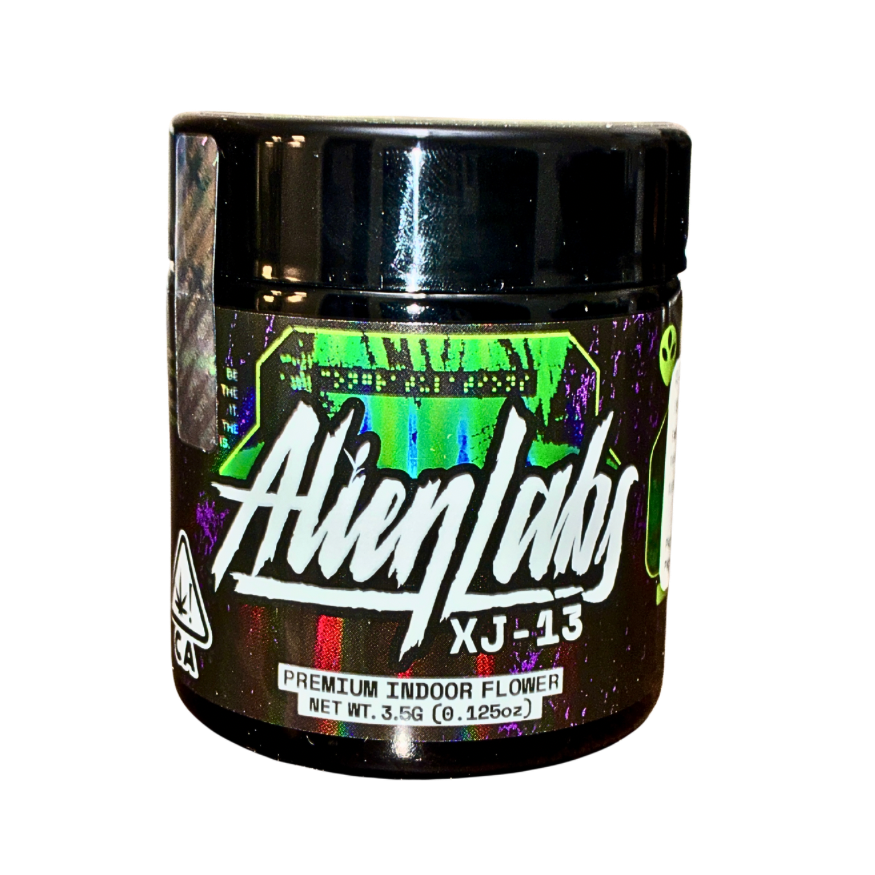 XJ-13 cannabis strain packaging featuring the Alien Labs brand name and strain name on a transparent background.