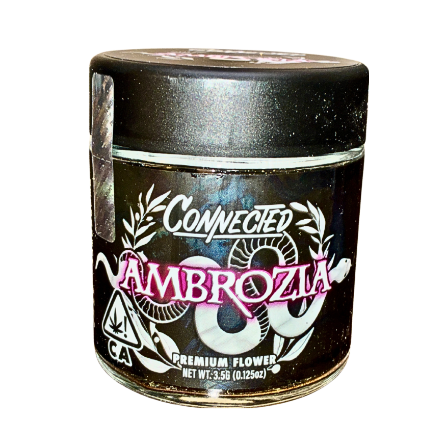 Ambrozia cannabis strain packaging featuring the Connected brand name and strain name on a transparent background.
