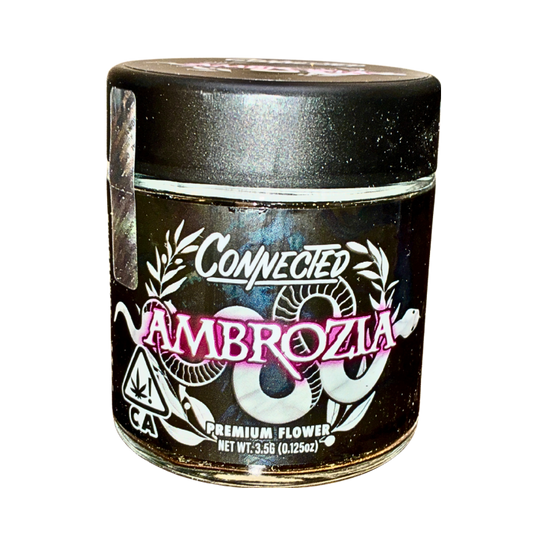 Ambrozia cannabis strain packaging featuring the Connected brand name and strain name on a transparent background.
