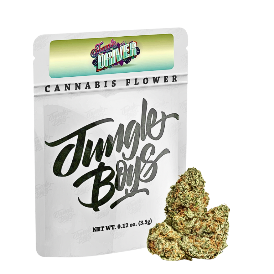 Colorful Jungle Driver cannabis buds and Jungle Boys packaging on a transparent background.