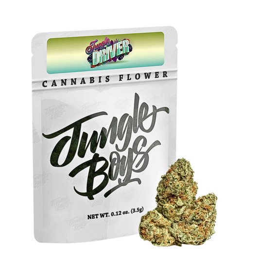 Colorful Jungle Driver cannabis buds and Jungle Boys packaging on a transparent background.
