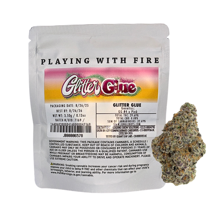 JUNGLE BOYS "GLITTER GLUE" CANNABIS FLOWER; HYBRID STRAIN