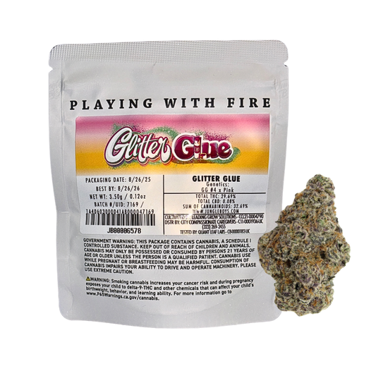 JUNGLE BOYS "GLITTER GLUE" CANNABIS FLOWER; HYBRID STRAIN
