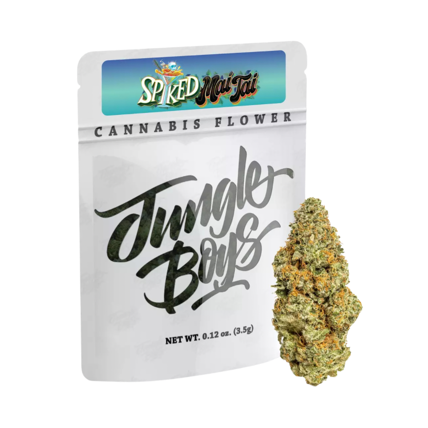 Colorful Spiked Mai Tai cannabis buds and  Jungle Boys packaging on a transparent background.