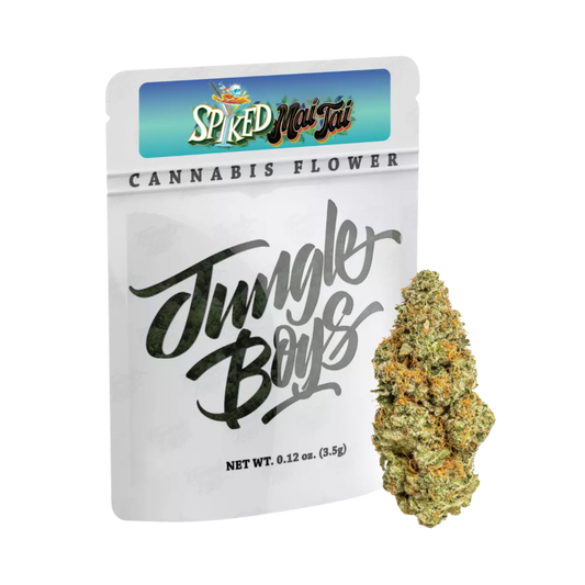 Colorful Spiked Mai Tai cannabis buds and  Jungle Boys packaging on a transparent background.