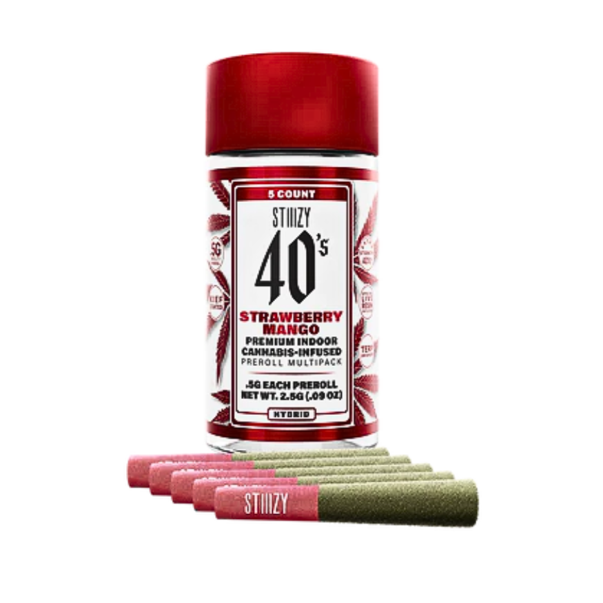 Close-up of Strawberry Mango infused pre-rolls and packaging on a transparent background.