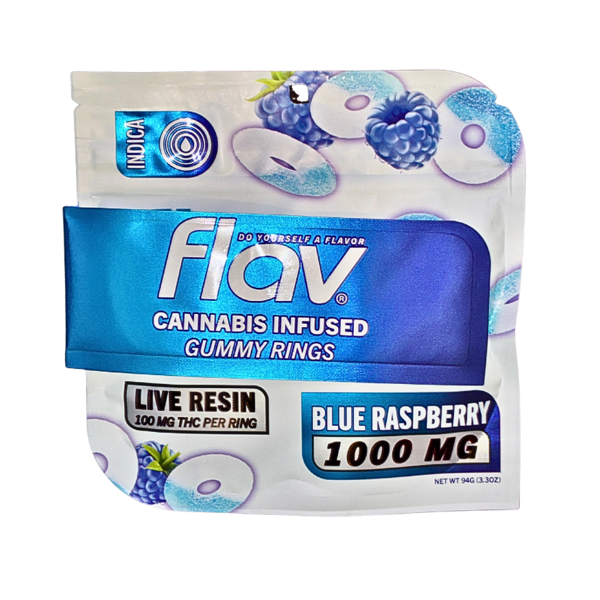 Flav cannabis infused gummy rings packaging with blue raspberry flavor on a white background