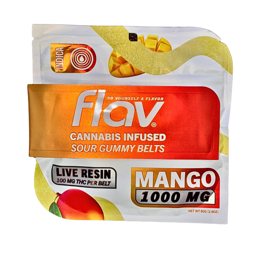 Flav Indica Mango Live Resin Infused Sour Gummy Belts packaging featuring vibrant mango design and product information.