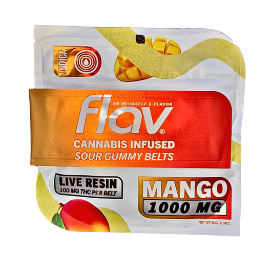 Flav Indica Mango Live Resin Infused Sour Gummy Belts packaging featuring vibrant mango design and product information.