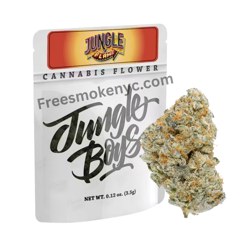 Jungle Boys hybrid strain Jungle Flame product packaging and cannabis flower on a transparent background