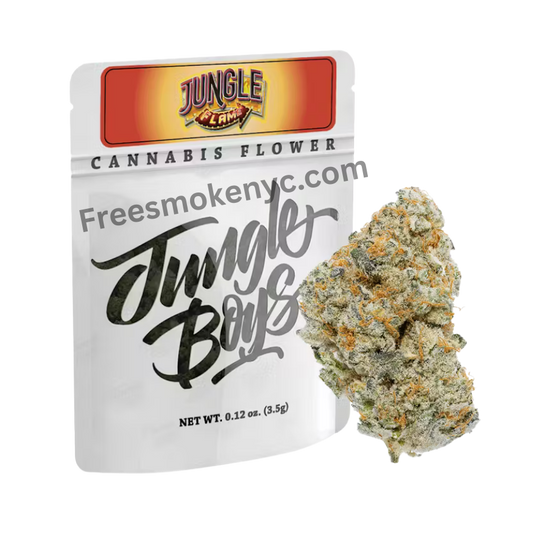 Jungle Boys hybrid strain Jungle Flame product packaging and cannabis flower on a transparent background