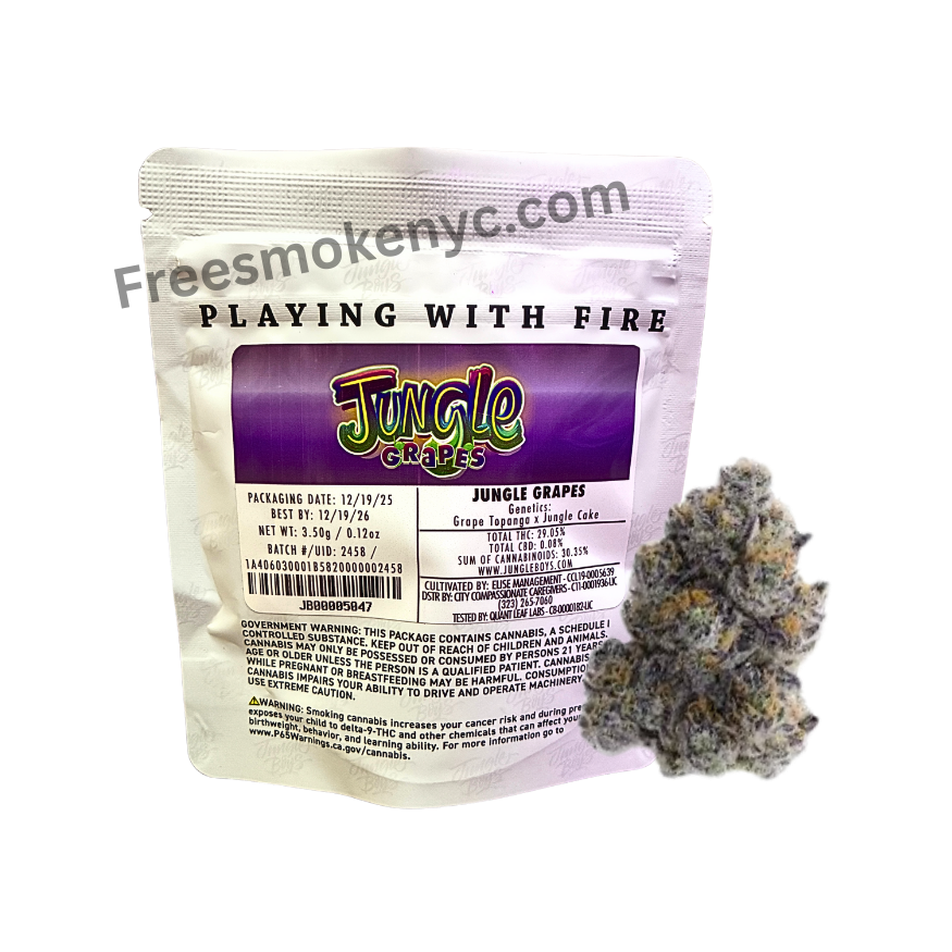 Product packaging of Jungle Grapes cannabis flower on a transparent background.