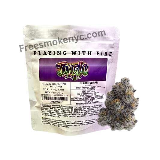 Product packaging of Jungle Grapes cannabis flower on a transparent background.