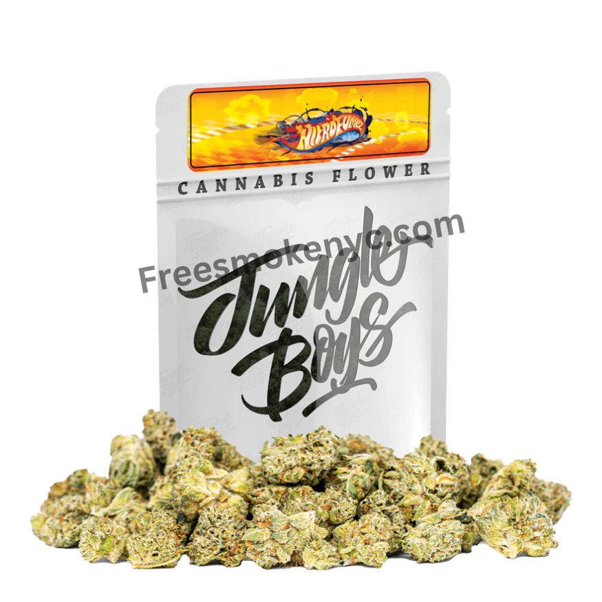 Product packaging of Jungle Boys hybrid strain Nitro Fumez and cannabis flower on a transparent background.