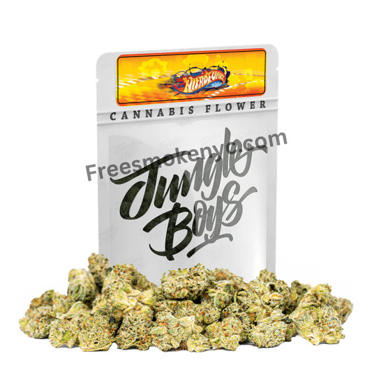 Product packaging of Jungle Boys hybrid strain Nitro Fumez and cannabis flower on a transparent background.