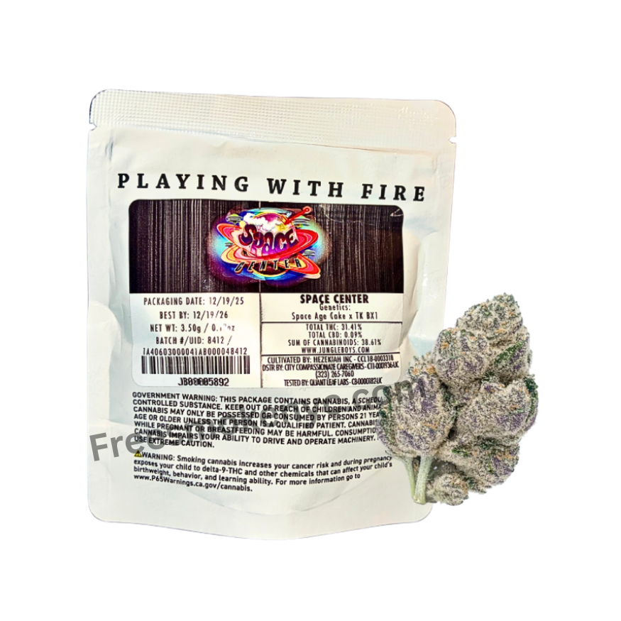 Jungle Boys Space Center strain packaging and flower on a transparent background.