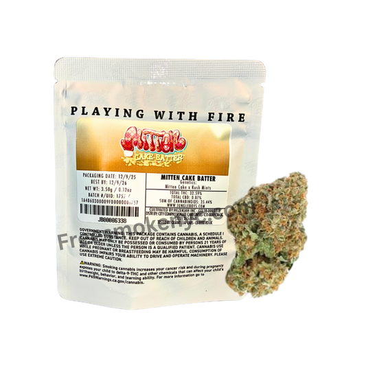Jungle Boys Mitten Cake Batter cannabis strain packaging and flower on a transparent background.