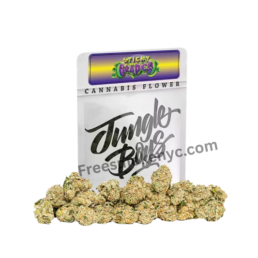 Jungle Boys Sticky Grapes hybrid cannabis flower on a transparent background.