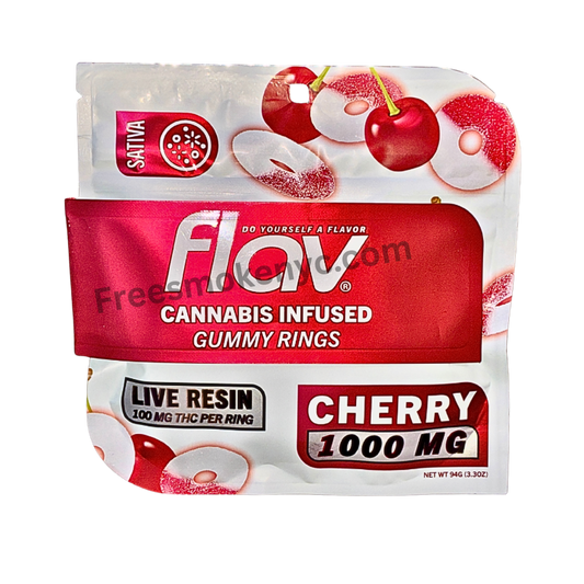 Flav Live Resin Infused Gummy Rings packaging featuring vibrant cherry design and product information.