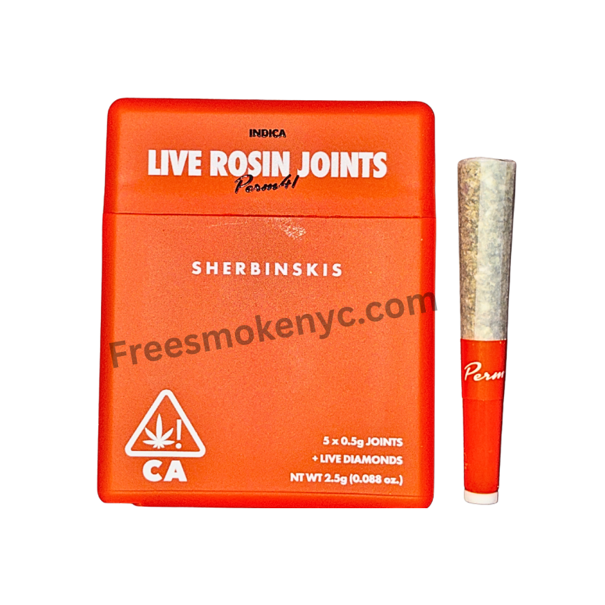 Sherbinskis Perm 41 indica strain live rosin-infused pre-roll multipack with elegant packaging and a pre-roll on a transparent background.