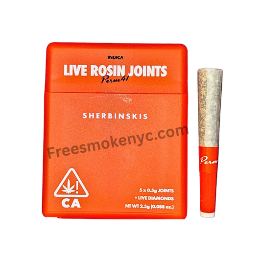 Sherbinskis Perm 41 indica strain live rosin-infused pre-roll multipack with elegant packaging and a pre-roll on a transparent background.