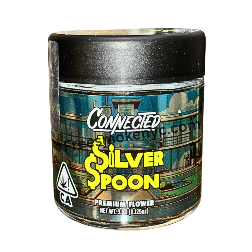 Connected Co. Silver Spoon cannabis strain packaging featuring the Connected brand name and strain name on a transparent background.