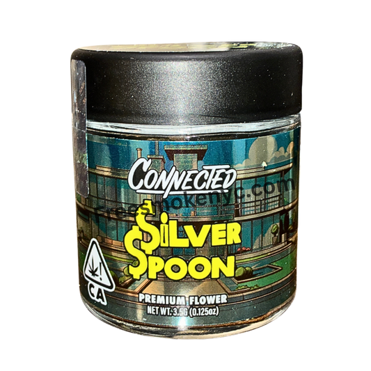 Connected Co. Silver Spoon cannabis strain packaging featuring the Connected brand name and strain name on a transparent background.