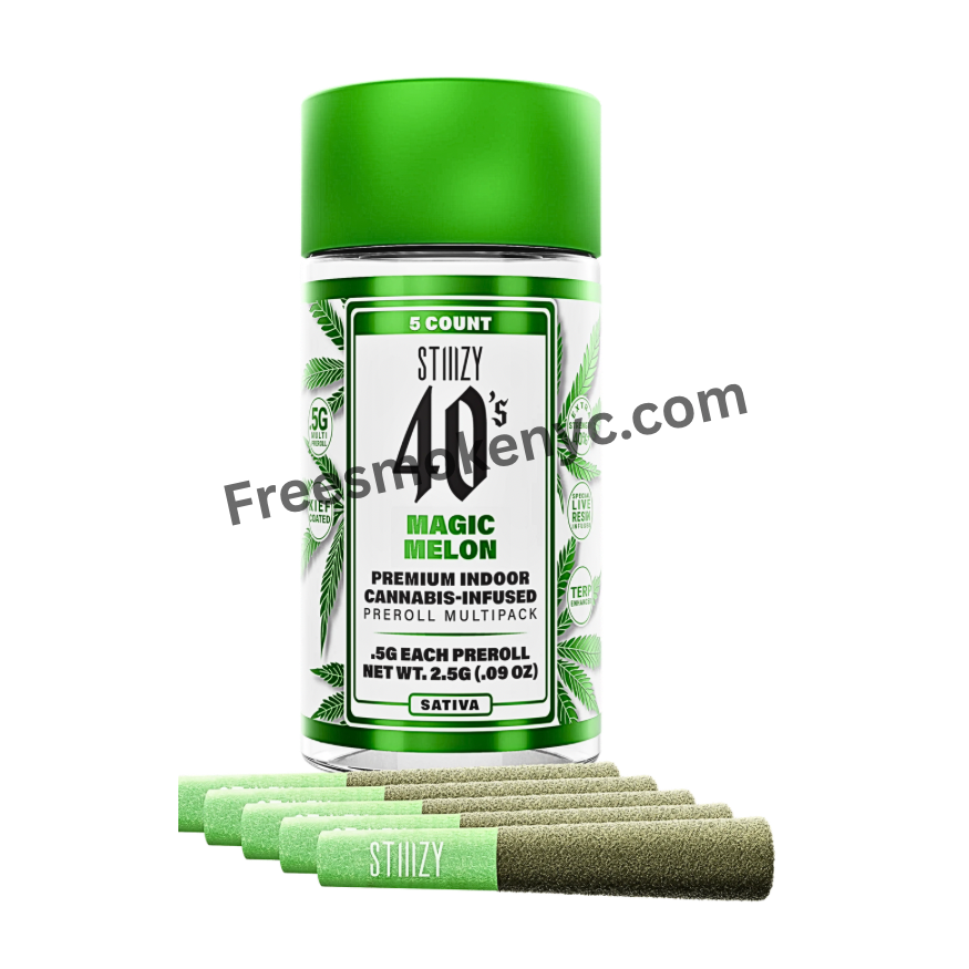 Magic Melon infused pre-rolls and packaging on a transparent background.