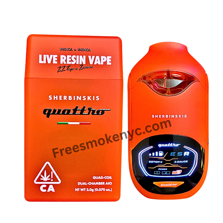 Sherbinskis Quattro 2G Live Resin Disposable featuring ZZ Top and Zauce strains on transparent background.