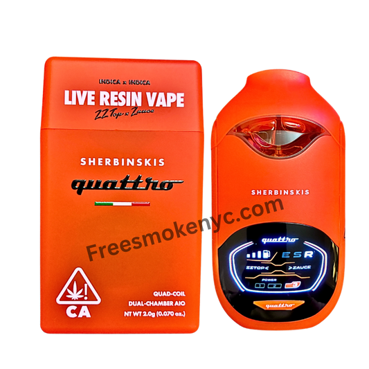 Sherbinskis Quattro 2G Live Resin Disposable featuring ZZ Top and Zauce strains on transparent background.