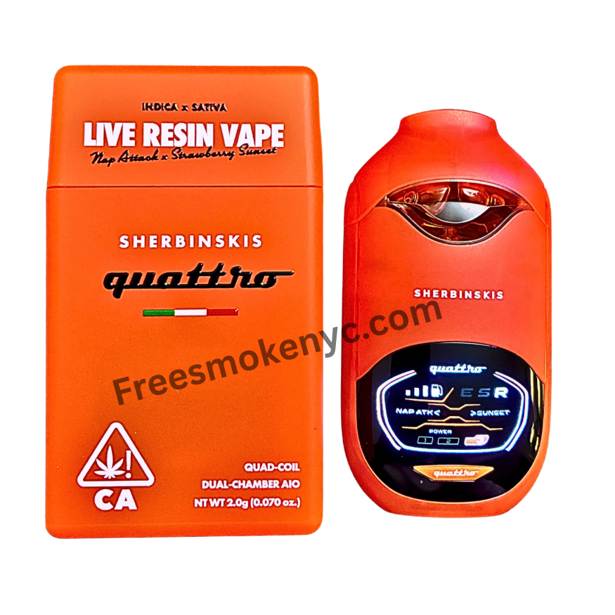 Sherbinskis Quattro 2G Live Resin Disposable featuring Nap Attack and Strawberry Sunset strains on transparent background.