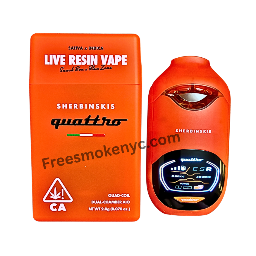 Sherbinskis Quattro 2G Live Resin Disposable featuring Snack Box and Blue Zone strains on transparent background.