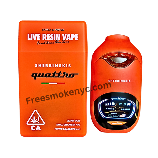 Sherbinskis Quattro 2G Live Resin Disposable featuring Snack Box and Blue Zone strains on transparent background.