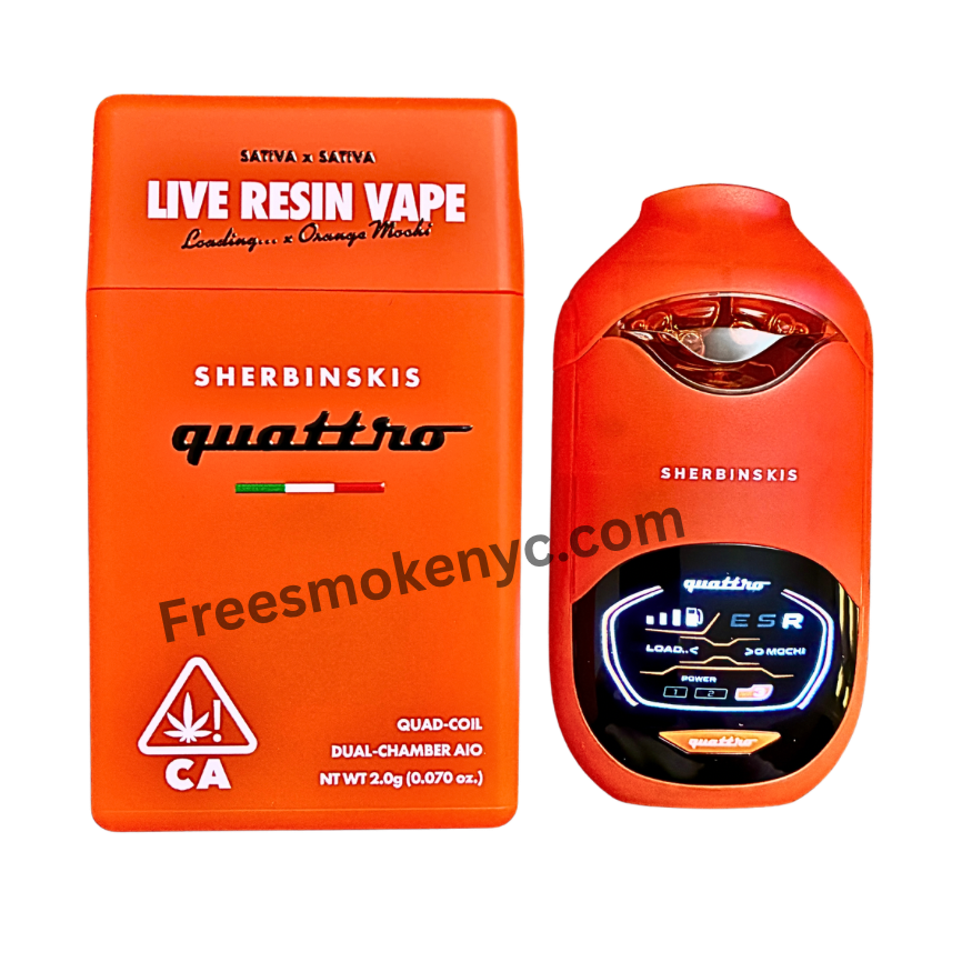 Sherbinskis Quattro 2G Live Resin Disposable featuring Loading… and Orange Mochi strains on transparent background.