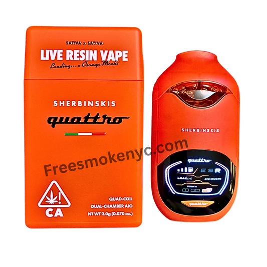 Sherbinskis Quattro 2G Live Resin Disposable featuring Loading… and Orange Mochi strains on transparent background.