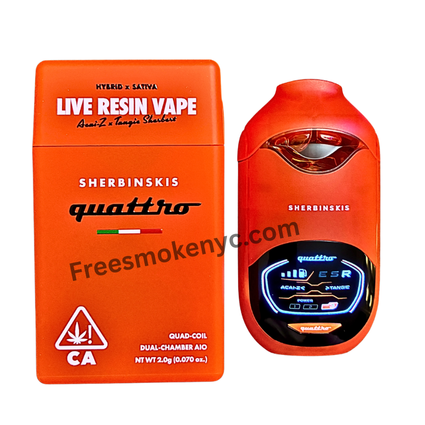 Sherbinskis Quattro 2G Live Resin Disposable featuring Açai-Z and Tangie Sherbert strains on transparent background.