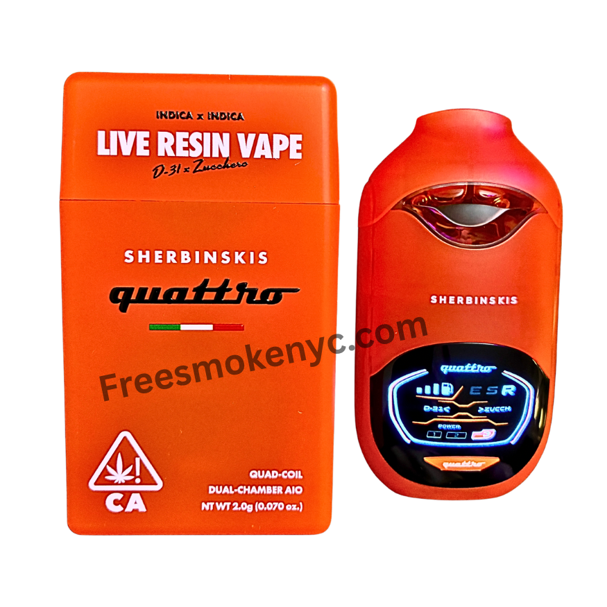 Sherbinskis Quattro 2G Live Resin Disposable featuring D-31 and Zucchero strains on transparent background.