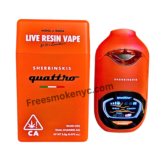 Sherbinskis Quattro 2G Live Resin Disposable featuring D-31 and Zucchero strains on transparent background.